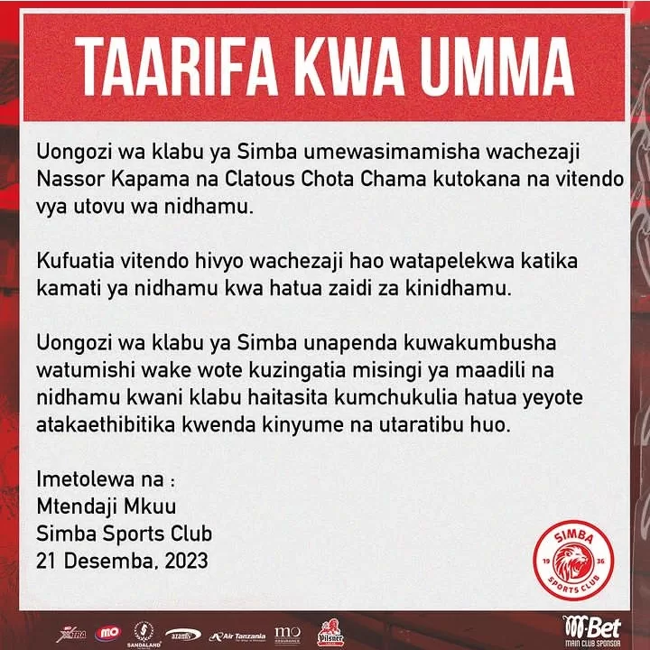 Barua ya klabu ya Simba kuhusu kumsimamisha Chama na Kapama